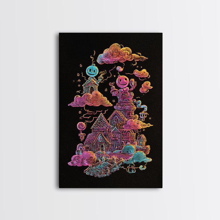 The Upside-Down Candy Kingdom, Vaporwave Halloween Decor, Vertical Wall Art, Canvas Print, Retro Halloween Decor, Neon Wall Art