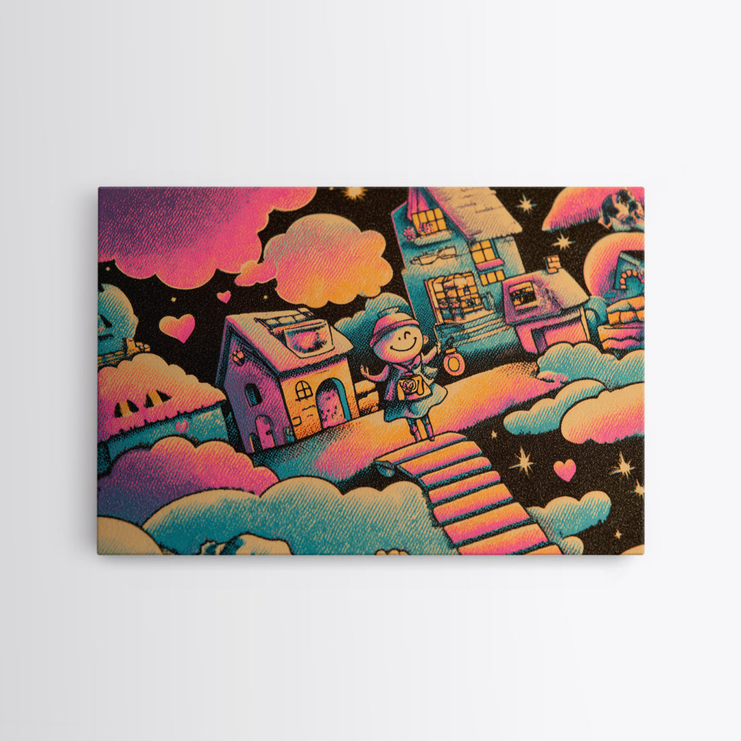The Upside-Down Candy Kingdom, Synthwave Halloween Art, Landscape Wall Art, Framed Canvas Print, Retro Halloween Decor, Neon Wall Art