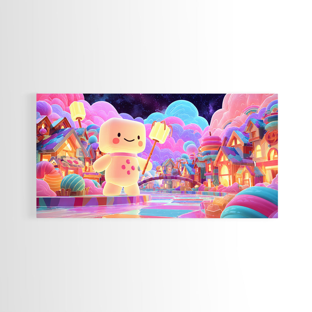 The Upside-Down Candy Kingdom, Vaporwave Halloween Decor, Wide Panoramic Art, Canvas Print, Retro Halloween Decor, Neon Wall Art