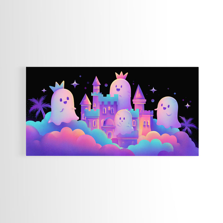 The Halloween Cloud Castle, 80s Halloween Wall Art, Wide Panoramic Art, Framed Canvas Print, Retro Halloween Decor, Neon Wall Art