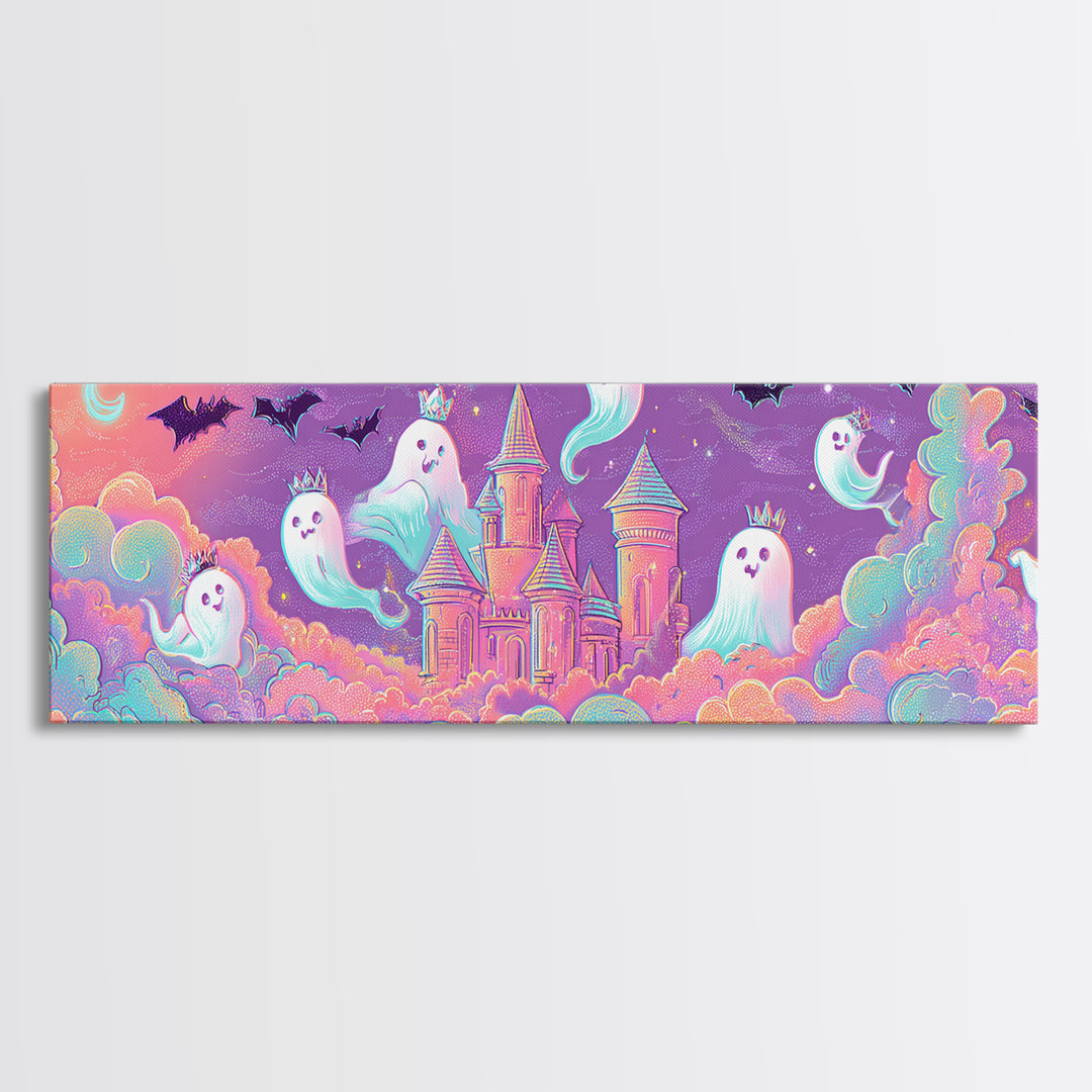 The Halloween Cloud Castle, Retro Neon Halloween Art, Extra Wide Wall Art, Framed Canvas Print, Retro Halloween Decor, Neon Wall Art