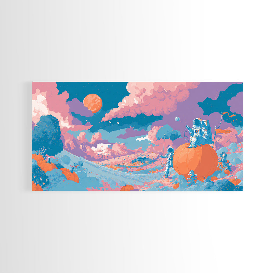 The Pumpkin Moon Expedition, Cute Spooky Neon Art, Wide Panoramic Art, Canvas Print, Retro Halloween Decor, Neon Wall Art, Spooky Wall Decor