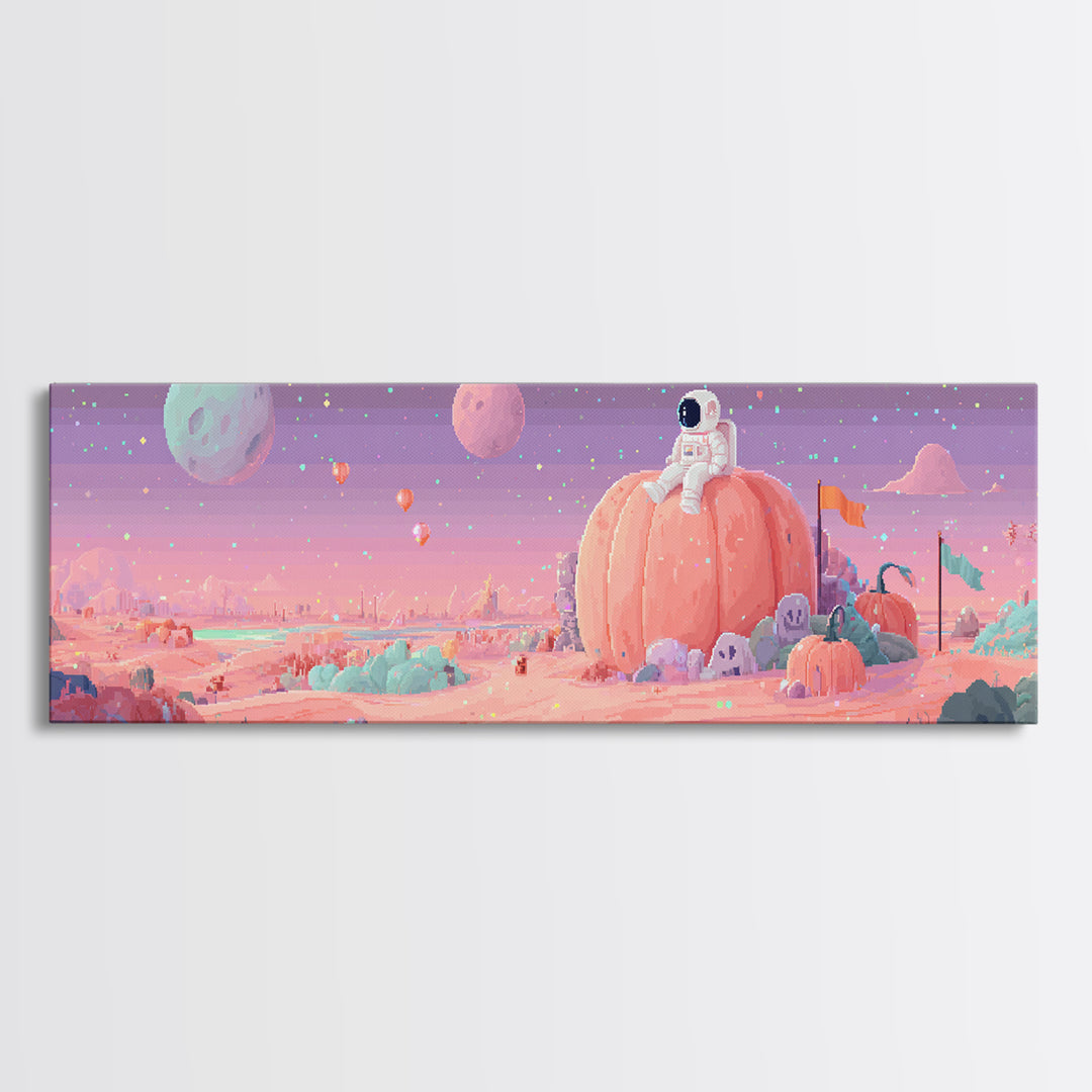 The Pumpkin Moon Expedition, Cute Spooky Neon Art, Extra Wide Wall Art, Framed Canvas Print, Retro Halloween Decor, Neon Wall Art