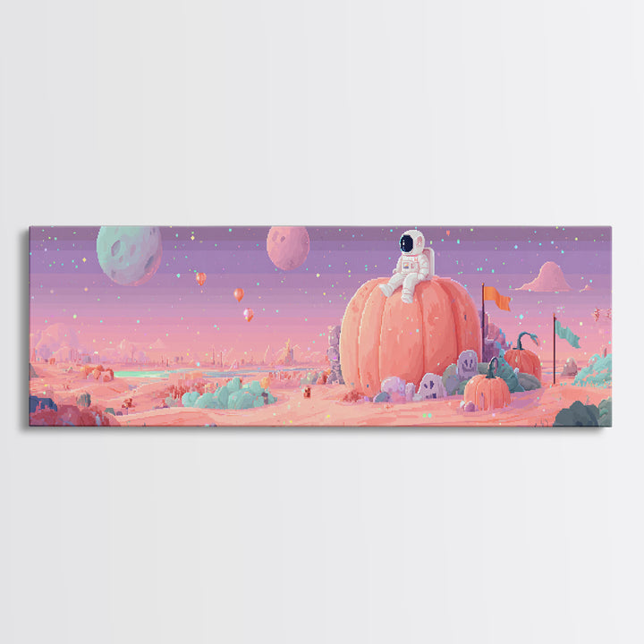 The Pumpkin Moon Expedition, Cute Spooky Neon Art, Extra Wide Wall Art, Framed Canvas Print, Retro Halloween Decor, Neon Wall Art