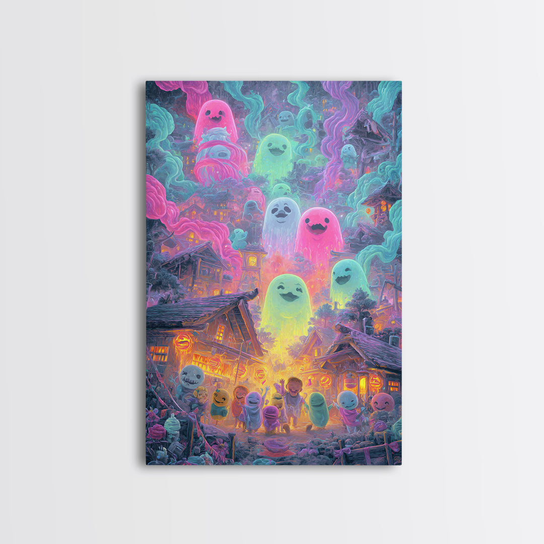 The Ghost Balloon City, Retro Neon Halloween Art, Vertical Wall Art, Framed Canvas Print, Retro Halloween Decor, Neon Wall Art