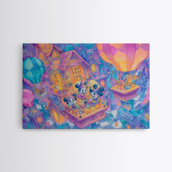 The Ghost Balloon City, 80s Halloween Wall Art, Landscape Wall Art, Canvas Print, Retro Halloween Decor, Neon Wall Art, Gothic Home Decor