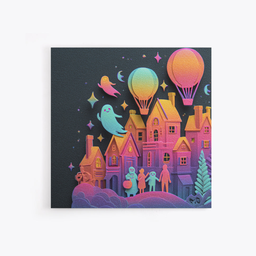 The Ghost Balloon City, Cute Spooky Neon Art, Square Wall Art, Canvas Print, Retro Halloween Decor, Neon Wall Art, Horror Wall Art