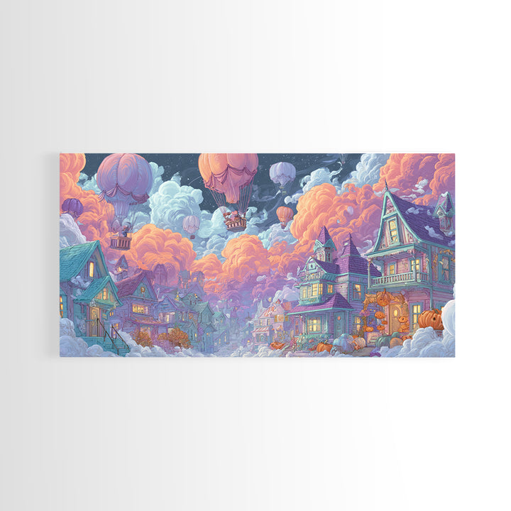 The Ghost Balloon City, Synthwave Halloween Art, Wide Panoramic Art, Framed Canvas Print, Retro Halloween Decor, Neon Wall Art