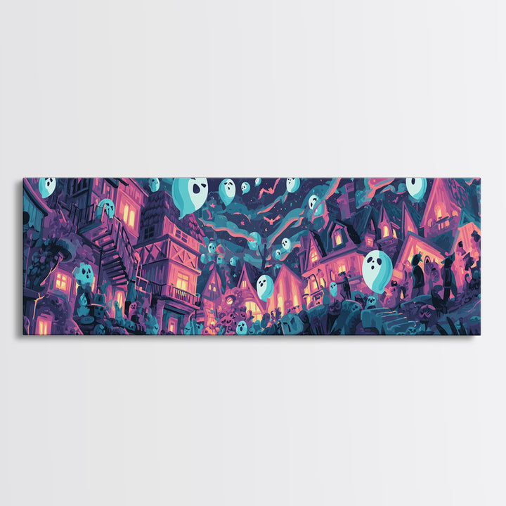 The Ghost Balloon City, Synthwave Halloween Art, Extra Wide Wall Art, Canvas Print, Retro Halloween Decor, Neon Wall Art, Statement Wall Art
