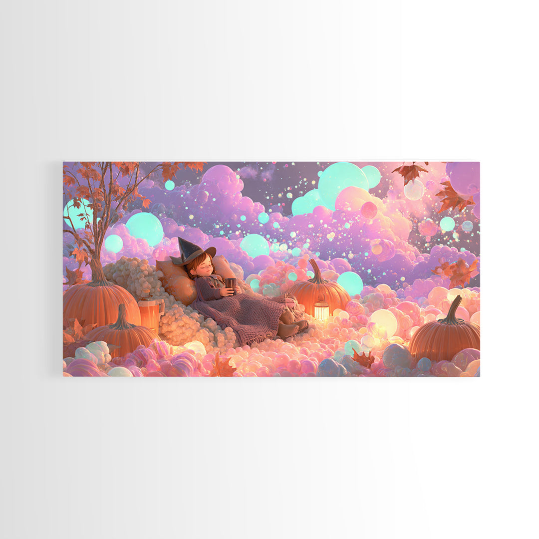 The Candy Comet Adventure, Synthwave Halloween Art, Wide Panoramic Art, Framed Canvas Print, Retro Halloween Decor, Neon Wall Art