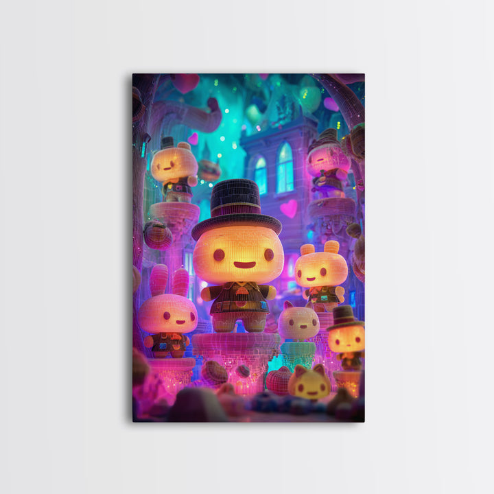 The Halloween Toy Kingdom, Cute Spooky Neon Art, Vertical Wall Art, Framed Canvas Print, Retro Halloween Decor, Neon Wall Art