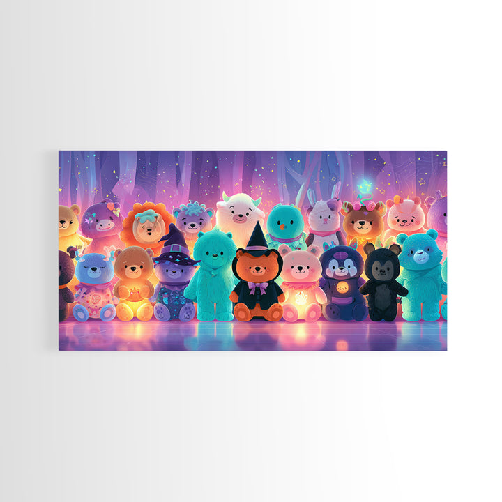 The Halloween Toy Kingdom, Vaporwave Halloween Decor, Wide Panoramic Art, Framed Canvas Print, Retro Halloween Decor, Neon Wall Art