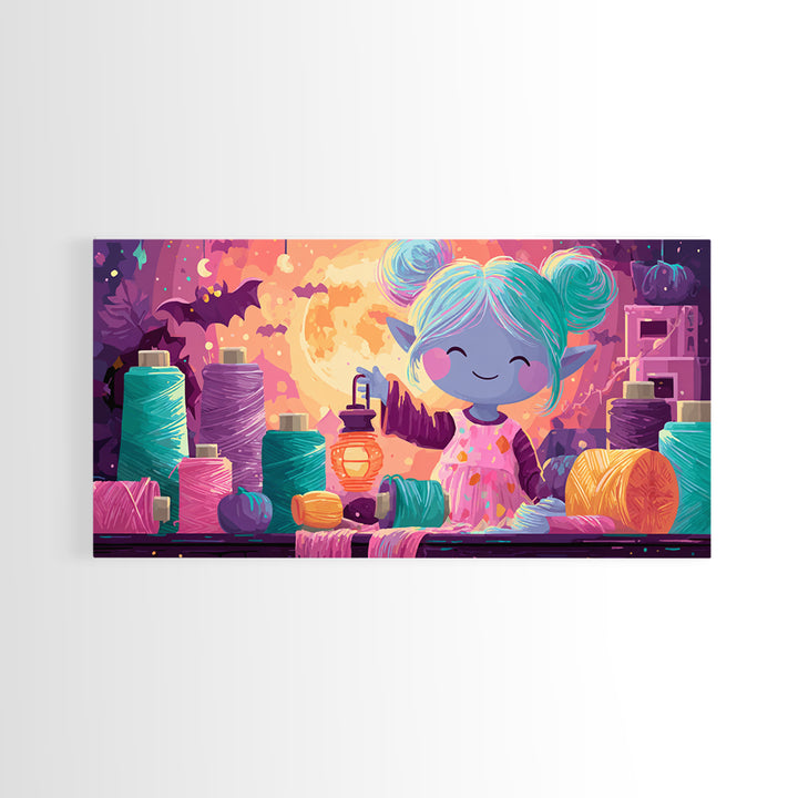 The Magical Costume Workshop, 80s Halloween Wall Art, Wide Panoramic Art, Framed Canvas Print, Retro Halloween Decor, Neon Wall Art