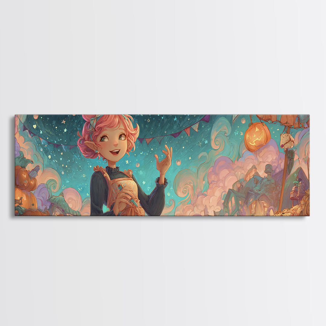 The Magical Costume Workshop, Synthwave Halloween Art, Extra Wide Wall Art, Canvas Print, Retro Halloween Decor, Neon Wall Art
