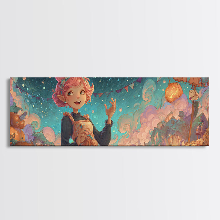 The Magical Costume Workshop, Synthwave Halloween Art, Extra Wide Wall Art, Canvas Print, Retro Halloween Decor, Neon Wall Art