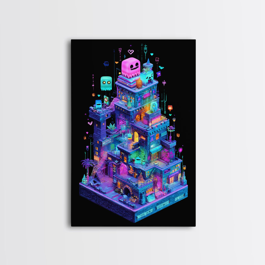 The Great Monster Pajama Party, Retro Neon Halloween Art, Vertical Wall Art, Framed Canvas Print, Retro Halloween Decor, Neon Wall Art