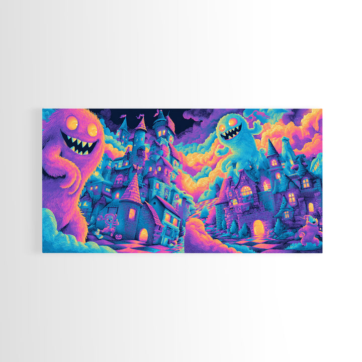 The Great Monster Pajama Party, Cute Spooky Neon Art, Wide Panoramic Art, Framed Canvas Print, Retro Halloween Decor, Neon Wall Art