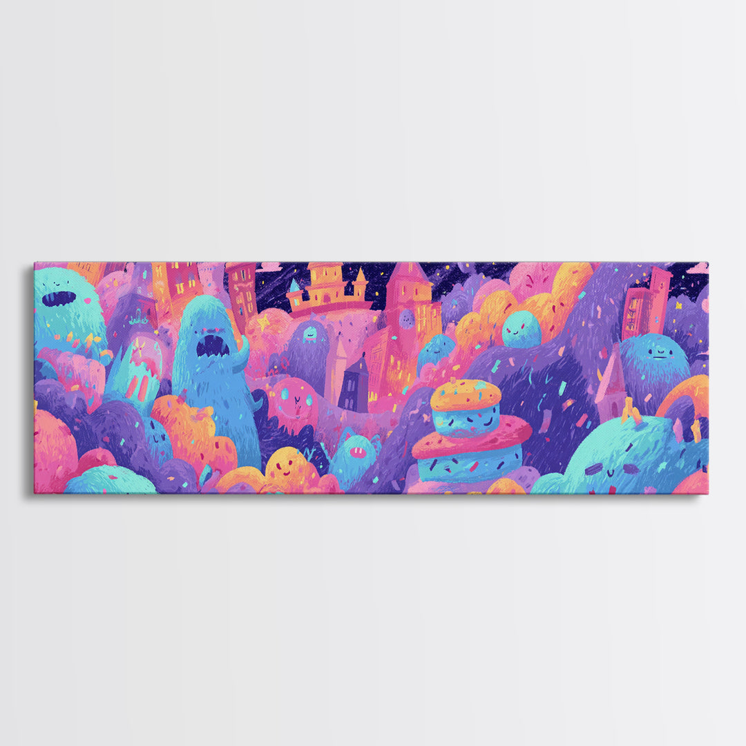 The Great Monster Pajama Party, Vaporwave Halloween Decor, Extra Wide Wall Art, Canvas Print, Retro Halloween Decor, Neon Wall Art