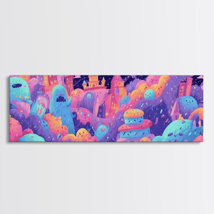 The Great Monster Pajama Party, Vaporwave Halloween Decor, Extra Wide Wall Art, Canvas Print, Retro Halloween Decor, Neon Wall Art