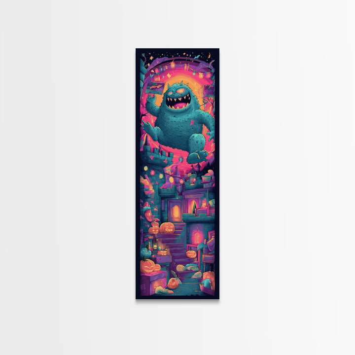 The Great Monster Pajama Party, Vaporwave Halloween Decor, Tall Narrow Wall Art, Canvas Print, Retro Halloween Decor, Neon Wall Art