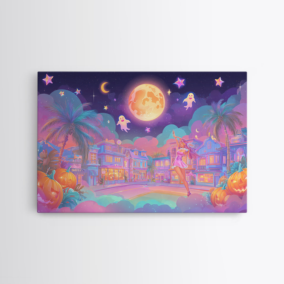 The Rainbow Halloween Night, 80s Halloween Wall Art, Landscape Wall Art, Canvas Print, Retro Halloween Decor, Neon Wall Art