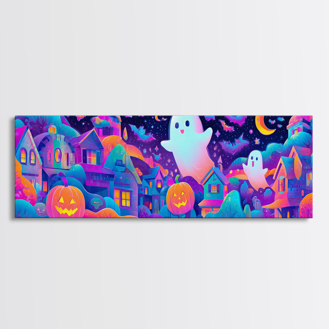 The Rainbow Halloween Night, Cute Spooky Neon Art, Extra Wide Wall Art, Canvas Print, Retro Halloween Decor, Neon Wall Art