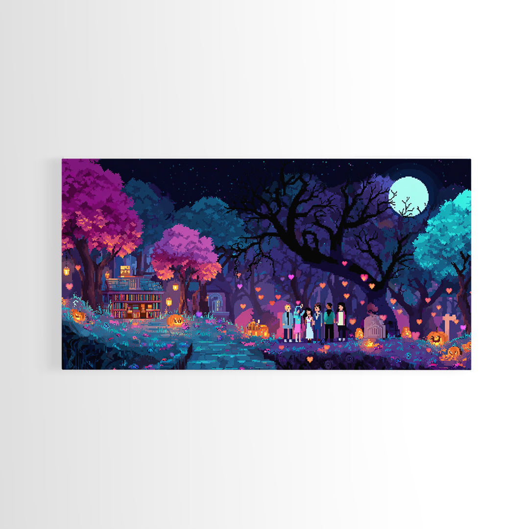 The Enchanted Halloween Library, Cute Spooky Neon Art, Wide Panoramic Art, Canvas Print, Retro Halloween Decor, Neon Wall Art