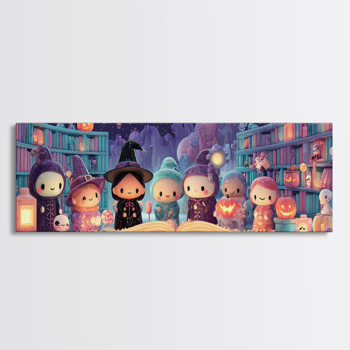 The Enchanted Halloween Library, Cute Spooky Neon Art, Extra Wide Wall Art, Canvas Print, Retro Halloween Decor, Neon Wall Art
