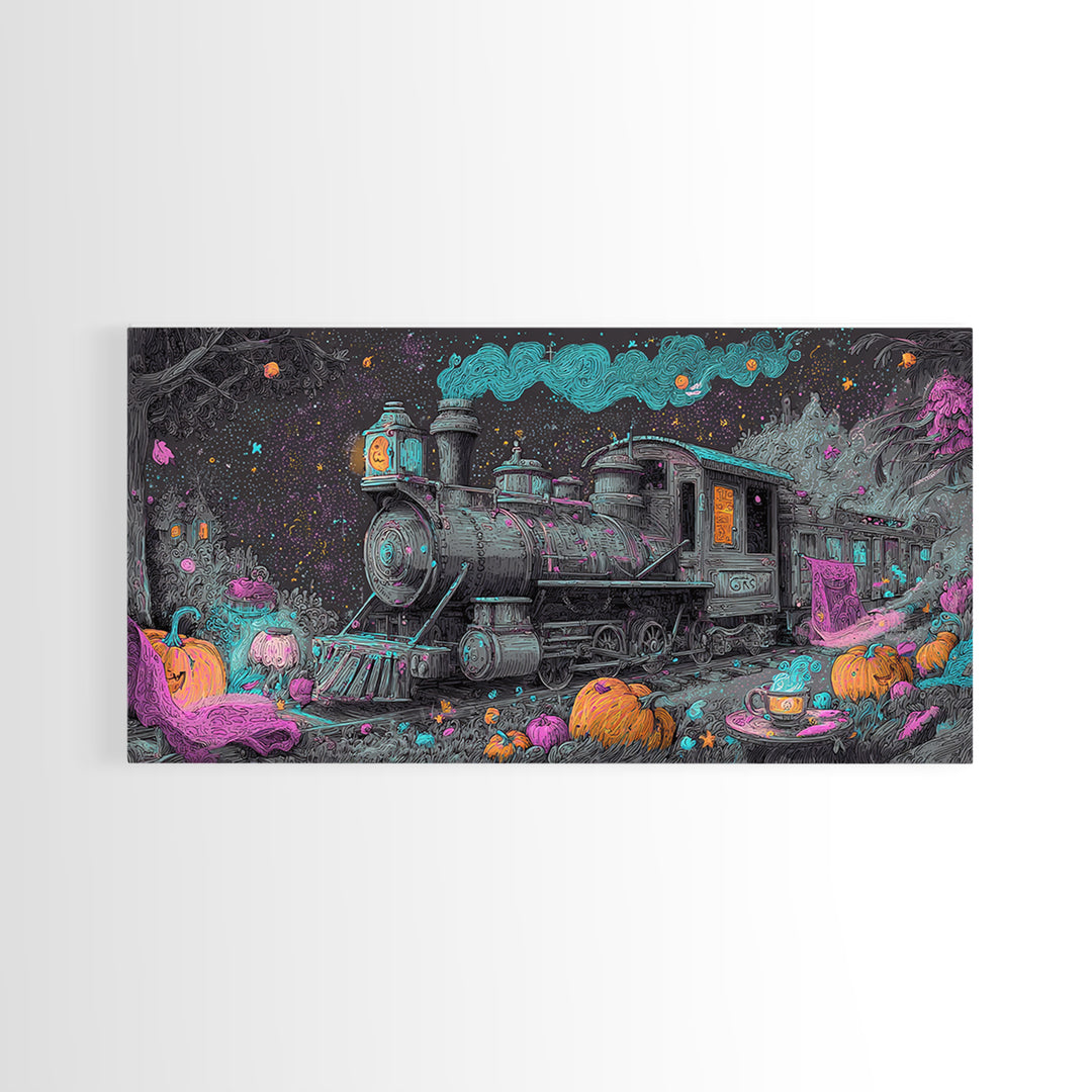 The Trick-Or-Treat Express, Synthwave Halloween Art, Wide Panoramic Art, Canvas Print, Retro Halloween Decor, Neon Wall Art