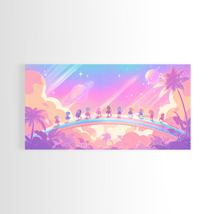 The Parade Across The Stars, Synthwave Halloween Art, Wide Panoramic Art, Framed Canvas Print, Retro Halloween Decor, Neon Wall Art
