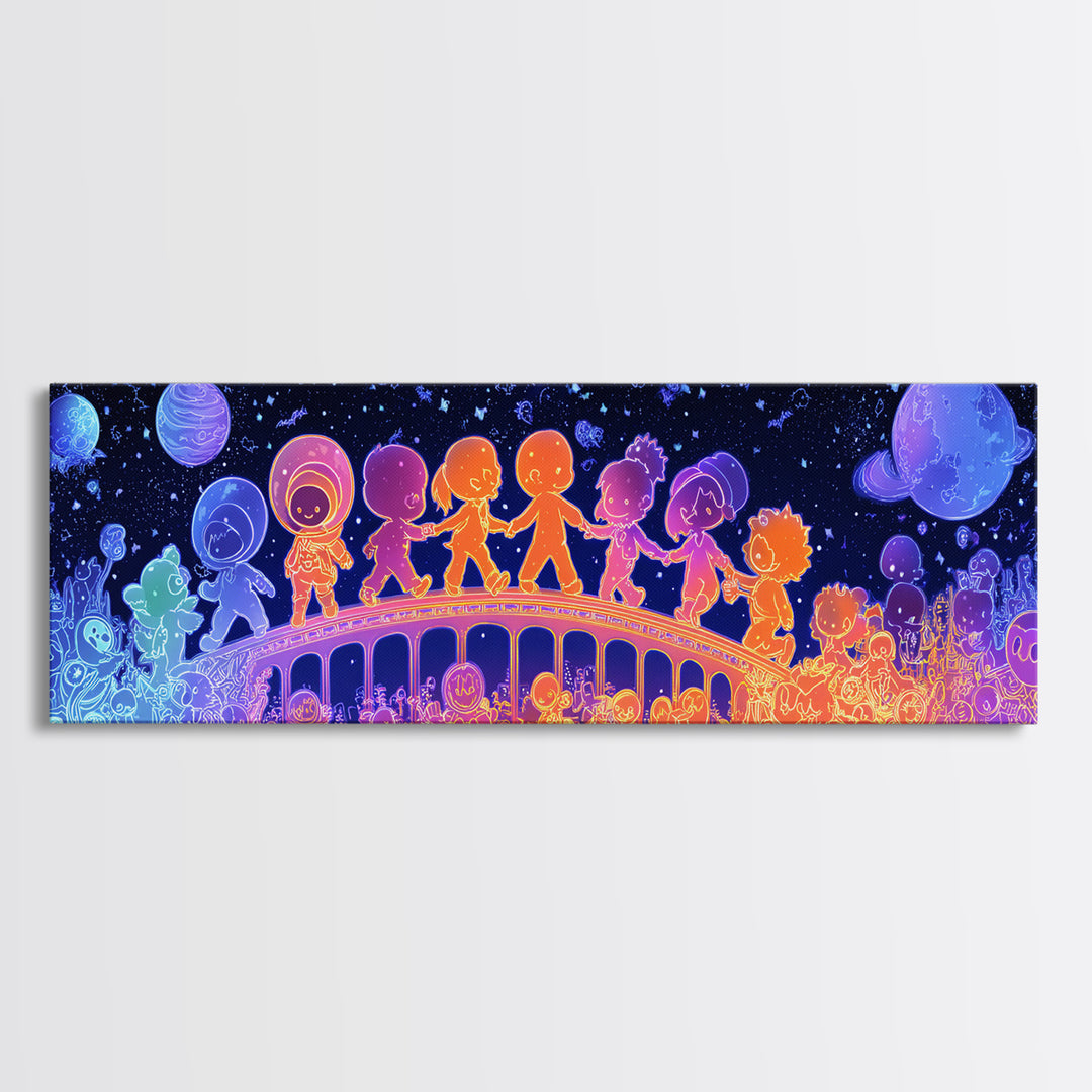 The Parade Across The Stars, Retro Neon Halloween Art, Extra Wide Wall Art, Framed Canvas Print, Retro Halloween Decor, Neon Wall Art