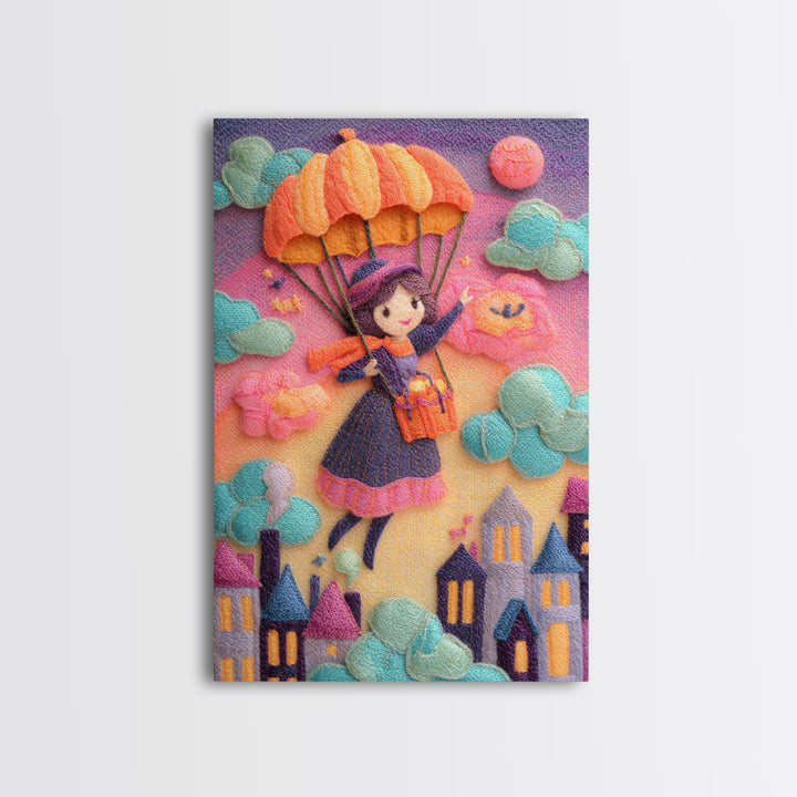 The Enchanted Umbrella Adventure, 80s Halloween Wall Art, Vertical Wall Art, Canvas Print, Retro Halloween Decor, Neon Wall Art