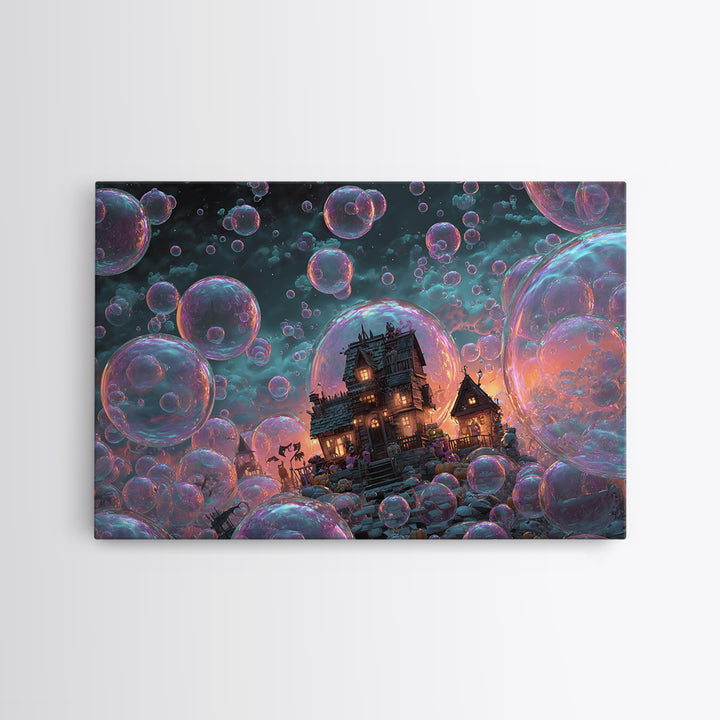 The Halloween Bubble Village, Synthwave Halloween Art, Landscape Wall Art, Framed Canvas Print, Retro Halloween Decor, Neon Wall Art
