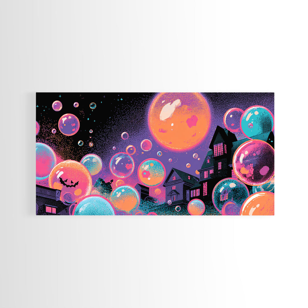 The Halloween Bubble Village, Synthwave Halloween Art, Wide Panoramic Art, Framed Canvas Print, Retro Halloween Decor, Neon Wall Art