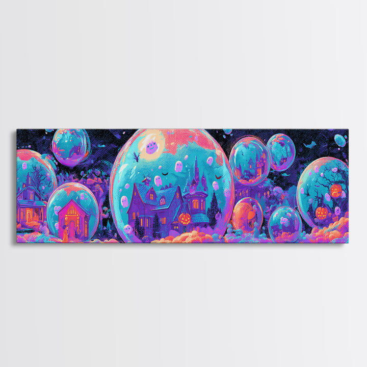 The Halloween Bubble Village, Cute Spooky Neon Art, Extra Wide Wall Art, Canvas Print, Retro Halloween Decor, Neon Wall Art