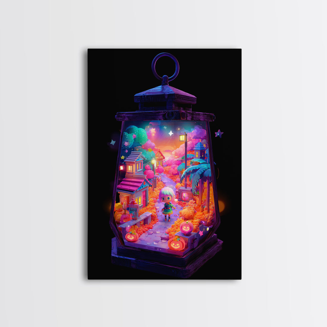 The World Inside A Lantern, Cute Spooky Neon Art, Vertical Wall Art, Canvas Print, Retro Halloween Decor, Neon Wall Art, Macabre Wall Art