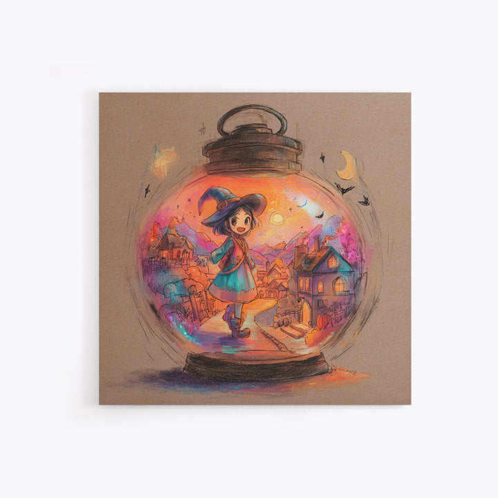 The World Inside A Lantern, Cute Spooky Neon Art, Square Wall Art, Framed Canvas Print, Retro Halloween Decor, Neon Wall Art