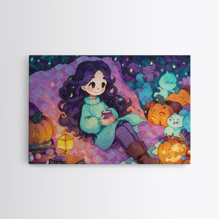 The Festival Of Friendly Frights, Cute Spooky Neon Art, Landscape Wall Art, Canvas Print, Retro Halloween Decor, Neon Wall Art