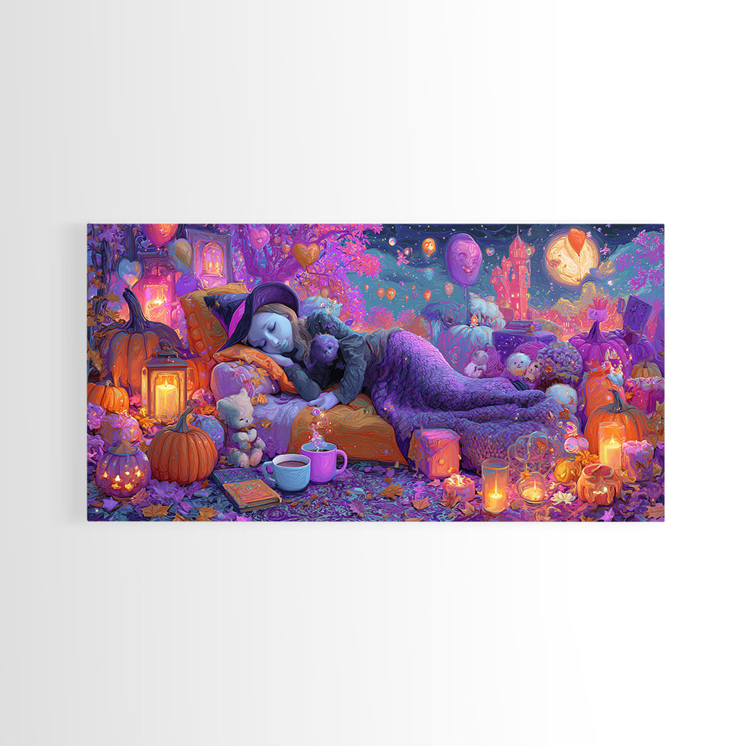 The Festival Of Friendly Frights, 80s Halloween Wall Art, Wide Panoramic Art, Framed Canvas Print, Retro Halloween Decor, Neon Wall Art