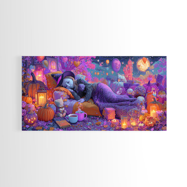 The Festival Of Friendly Frights, 80s Halloween Wall Art, Wide Panoramic Art, Framed Canvas Print, Retro Halloween Decor, Neon Wall Art