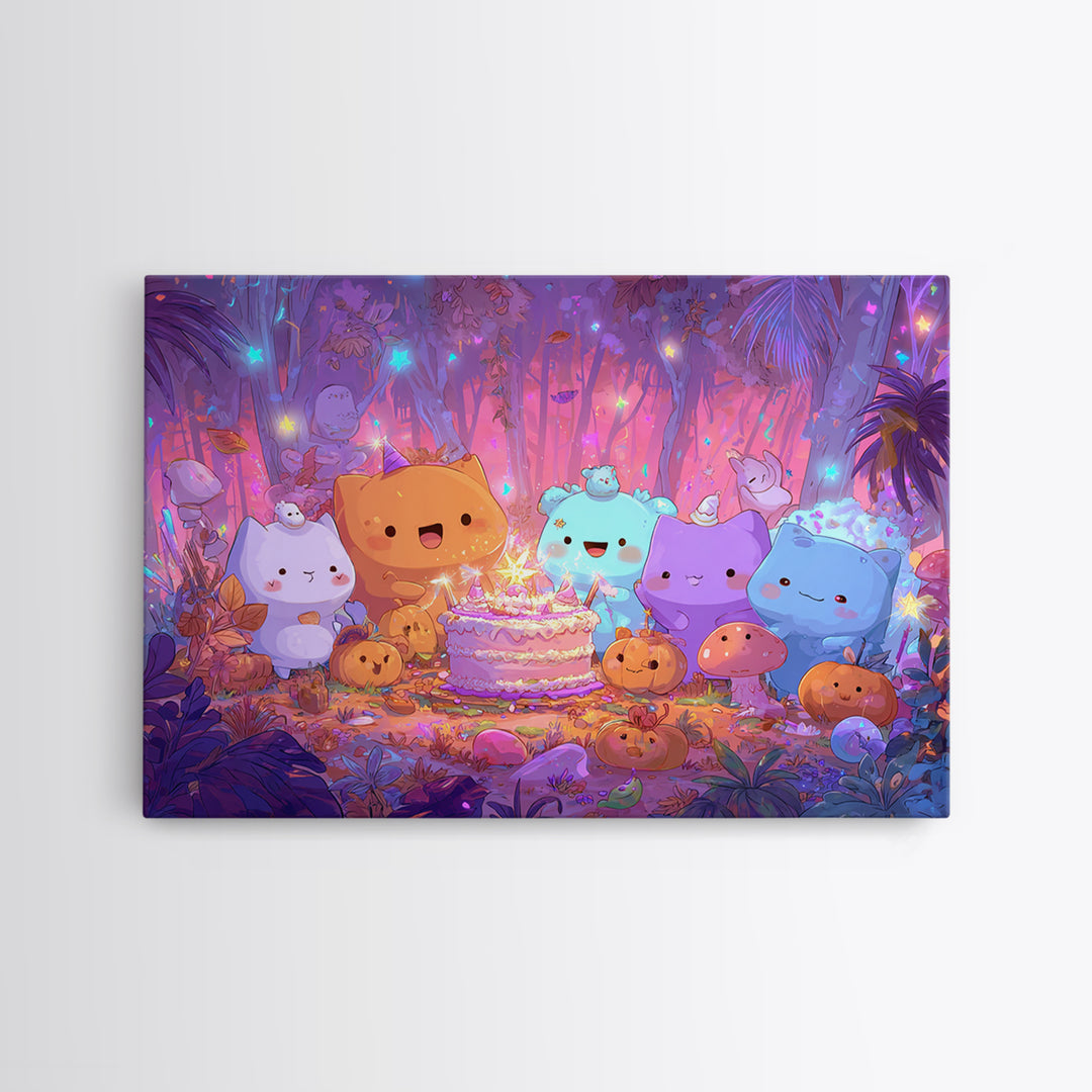 October'S Birthday Party, Cute Spooky Neon Art, Landscape Wall Art, Framed Canvas Print, Retro Halloween Decor, Neon Wall Art
