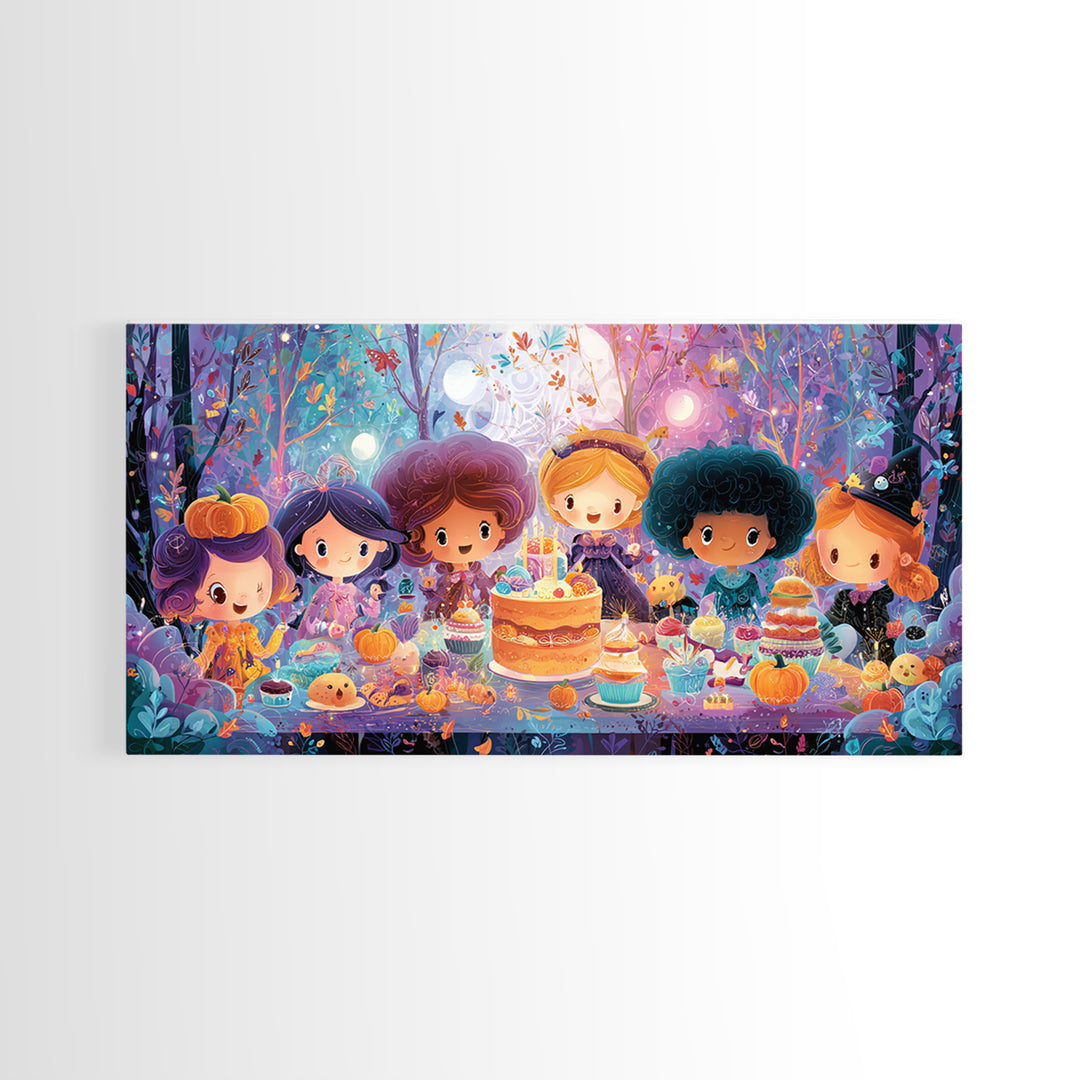 October'S Birthday Party, Vaporwave Halloween Decor, Wide Panoramic Art, Framed Canvas Print, Retro Halloween Decor, Neon Wall Art