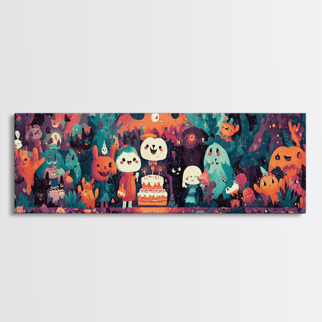October'S Birthday Party, Vaporwave Halloween Decor, Extra Wide Wall Art, Canvas Print, Retro Halloween Decor, Neon Wall Art