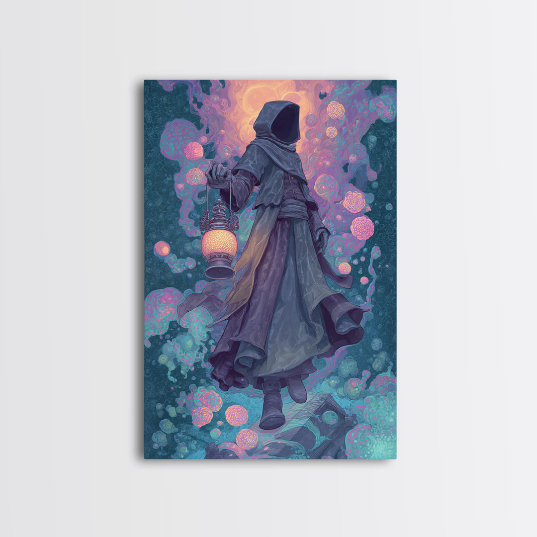 The Lantern-Bearer Of R’Lyeh, Retro Neon Halloween Art, Vertical Wall Art, Canvas Print, Retro Halloween Decor, Neon Wall Art