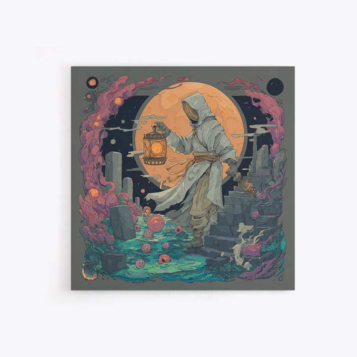 The Lantern-Bearer Of R’Lyeh, Vaporwave Halloween Decor, Square Wall Art, Framed Canvas Print, Retro Halloween Decor, Neon Wall Art