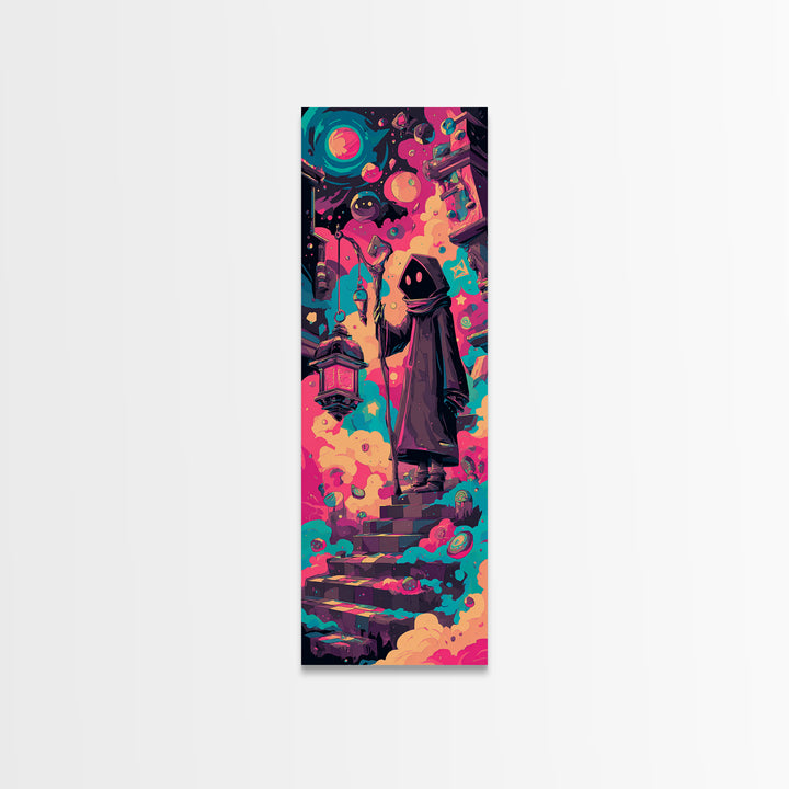The Lantern-Bearer Of R’Lyeh, Retro Neon Halloween Art, Tall Narrow Wall Art, Canvas Print, Retro Halloween Decor, Neon Wall Art