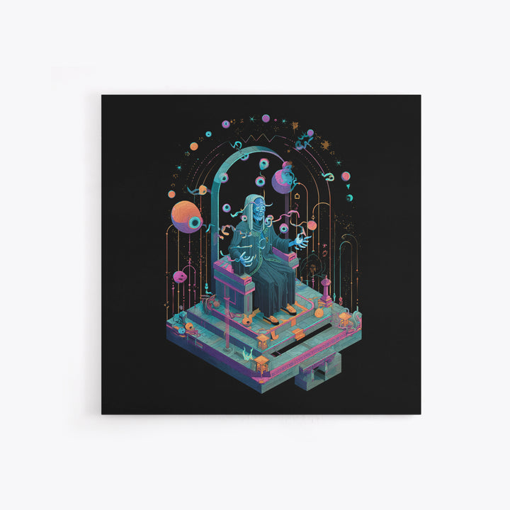 The Dreaming Priest Of The Outer Gate, Cosmic Synthwave Horror, Square Wall Art, Framed Canvas Print, Retro Halloween Decor, Neon Wall Art