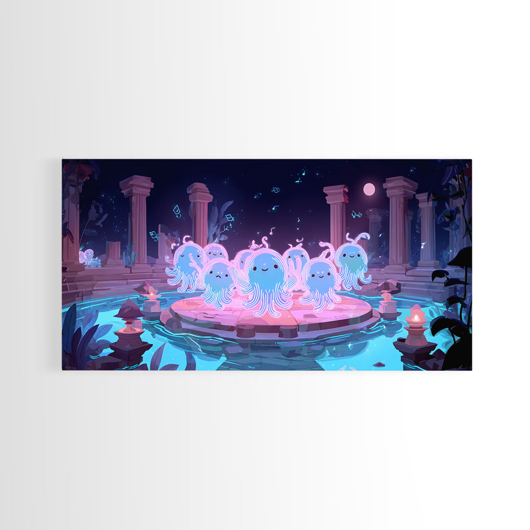The Choir Of Deepwater Acolytes, Cute Spooky Neon Art, Wide Panoramic Art, Canvas Print, Retro Halloween Decor, Neon Wall Art