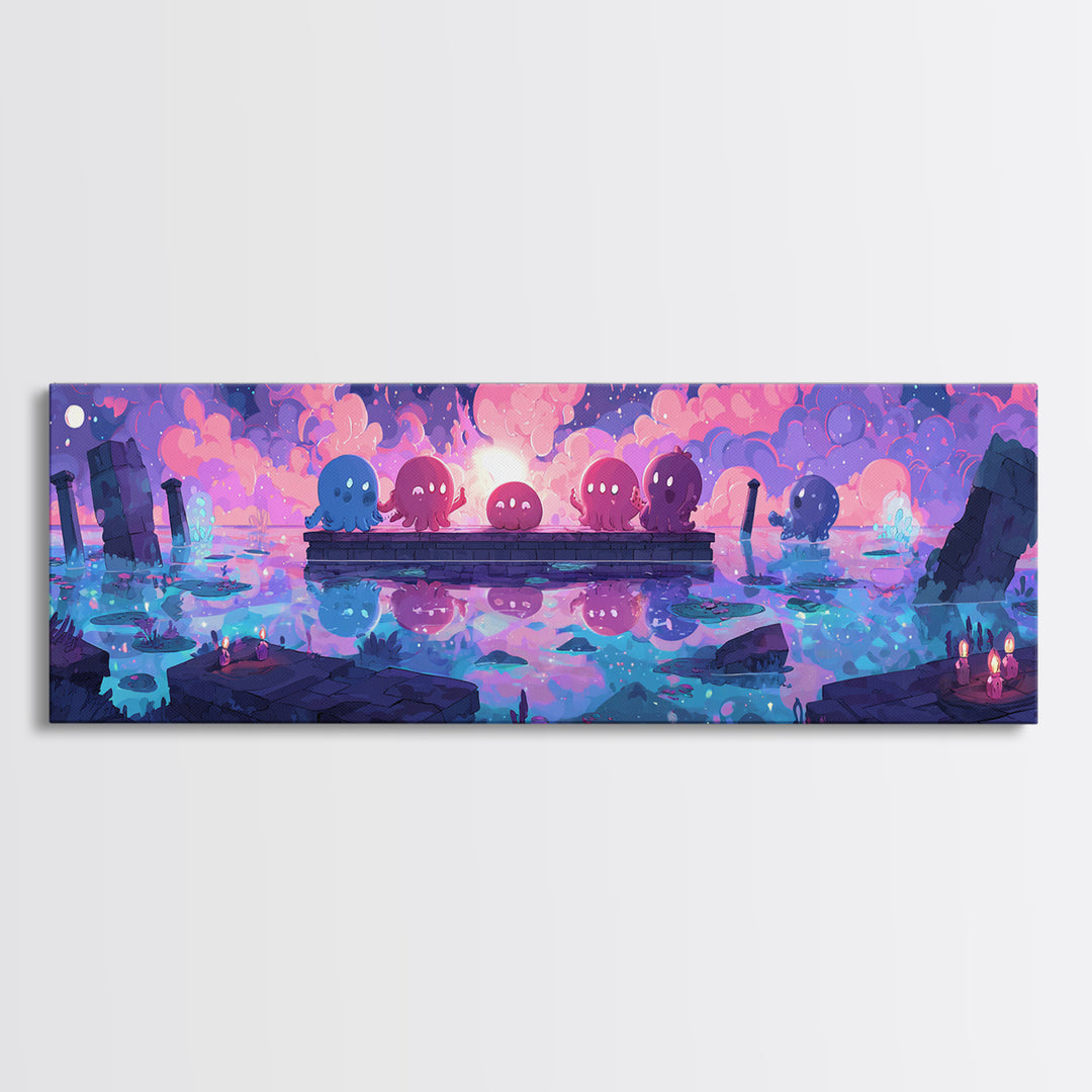 The Choir Of Deepwater Acolytes, Synthwave Halloween Art, Extra Wide Wall Art, Canvas Print, Retro Halloween Decor, Neon Wall Art