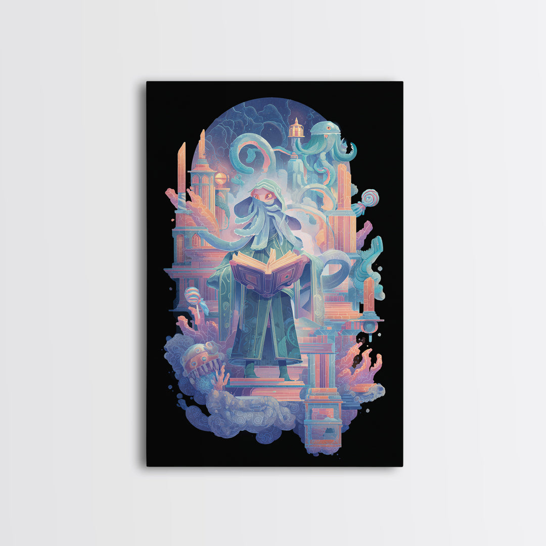 The Librarian Of Forbidden Tides, Retro Neon Halloween Art, Vertical Wall Art, Framed Canvas Print, Retro Halloween Decor, Neon Wall Art